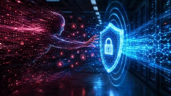 AI agent breach met by defensive shields in a dark futuristic cybersecurity data center