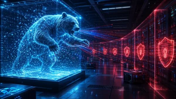 Bear-shaped AI escapes a digital sandbox and probes shielded servers in a dark cybersecurity scene.
