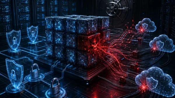 Corrupted AI dataset breaching a protected cloud repository in a dark cybersecurity scene.
