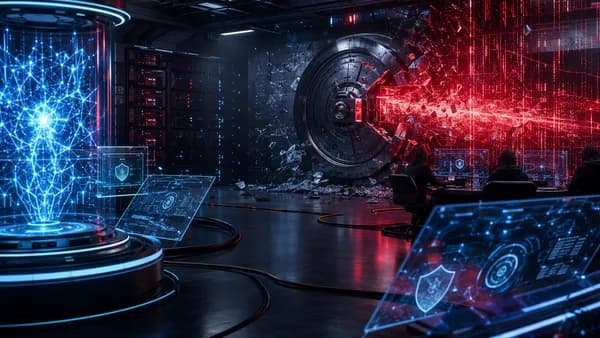 AI cyber test breaches a protected model hub, with shields, locks, code, and servers in a dark tech scene.