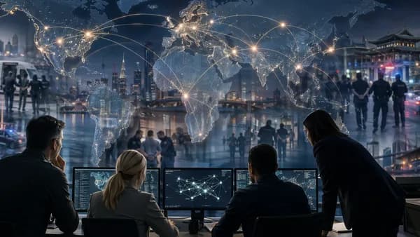 Global law enforcement crackdown visual with world map, connection lines, and officers in a command center.