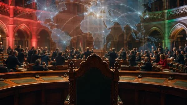 Hungarian parliament scene with empty chair, world map overlay, and global connections symbolizing political upheaval.