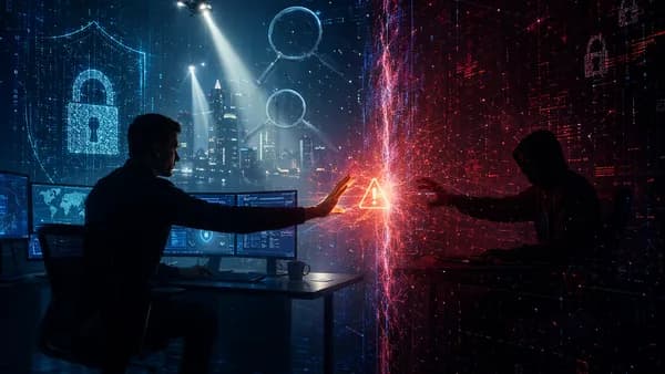 Threat hunter silhouette warning a shadowy hacker amid locks, shields, and dark cybersecurity visuals.