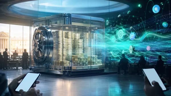 Digital stablecoin reserves in a futuristic vault under pressure from decentralized liquidity waves.
