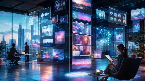 Futuristic workspace with web content cards flowing into a scrollable social feed on glowing screens.