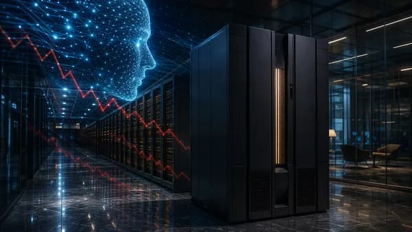 Generic mainframe in a futuristic data center overshadowed by glowing AI networks and market decline imagery.