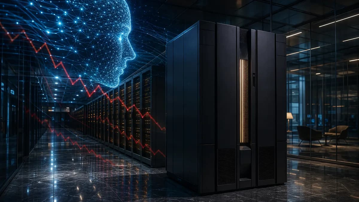 Generic mainframe in a futuristic data center overshadowed by glowing AI networks and market decline imagery.