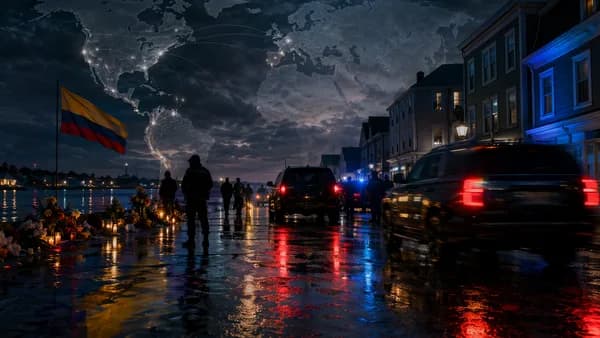 Somber Maine street scene with law enforcement silhouettes and global map links to South America.