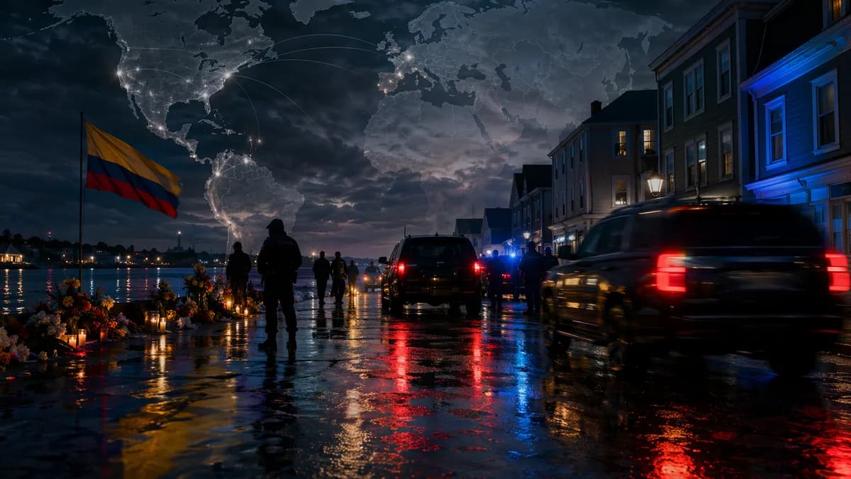 Somber Maine street scene with law enforcement silhouettes and global map links to South America.