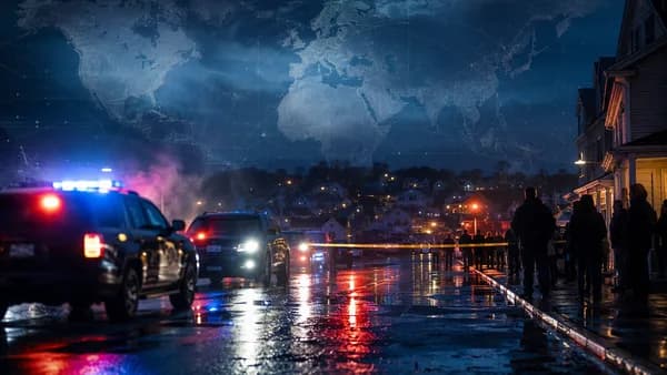 Somber Maine street scene with enforcement lights and global map overlay symbolizing immigration scrutiny.