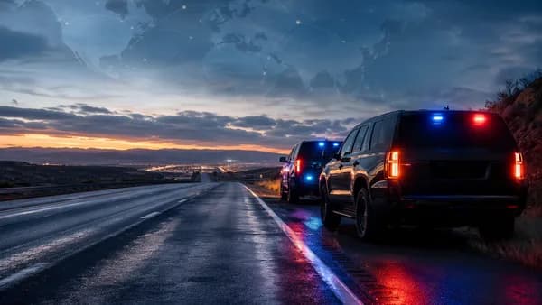 Unmarked SUVs on a wet highway under a subtle world map, suggesting paused enforcement stops.