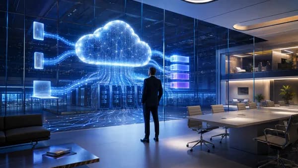 Executive watches cloud AI infrastructure connecting consumer devices in a sleek futuristic workspace.