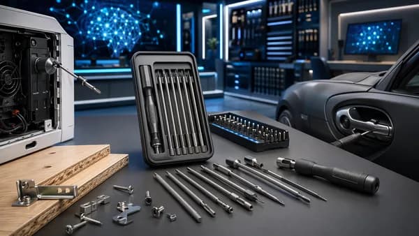 Premium driver toolkit on a futuristic workbench for appliance, furniture, car, and home repairs.