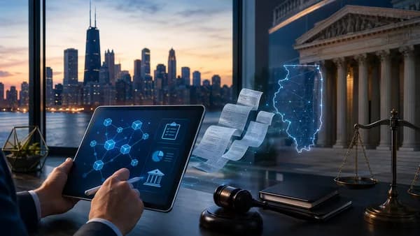 Crypto broker compliance concept with Illinois hologram, receipts, and fintech dashboard