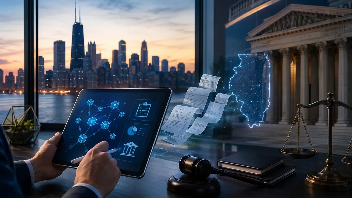 Crypto broker compliance concept with Illinois hologram, receipts, and fintech dashboard