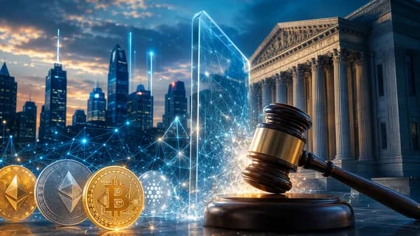 Courthouse, gavel, and glowing crypto assets symbolize a legal challenge to a state digital asset tax.