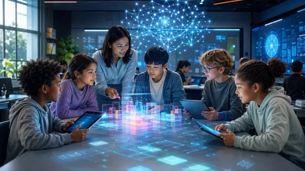 Students and teacher use AI tools in a futuristic classroom for supervised coding lessons.