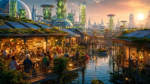 Wide establishing shot of a raised, climate-adapted New Orleans neighborhood in 2079 at dawn, with rooftop gardens, translucent bioreactor towers, solar canopies, and a warm community kitchen glowing above flood canals; elderly and young residents gather 