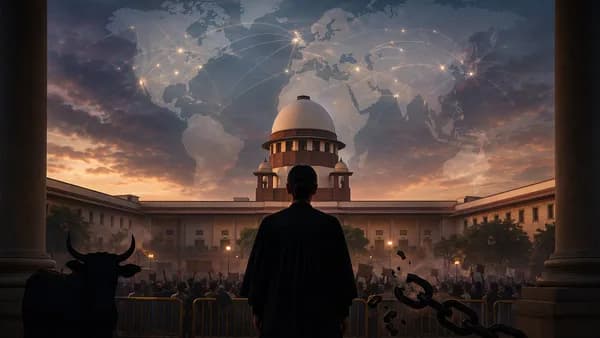 Indian courthouse scene with judge silhouette, tense crowd shadows, and global map connections.