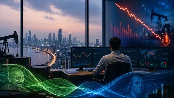 Mumbai trading desk with falling oil visuals and market charts suggesting rupee strength