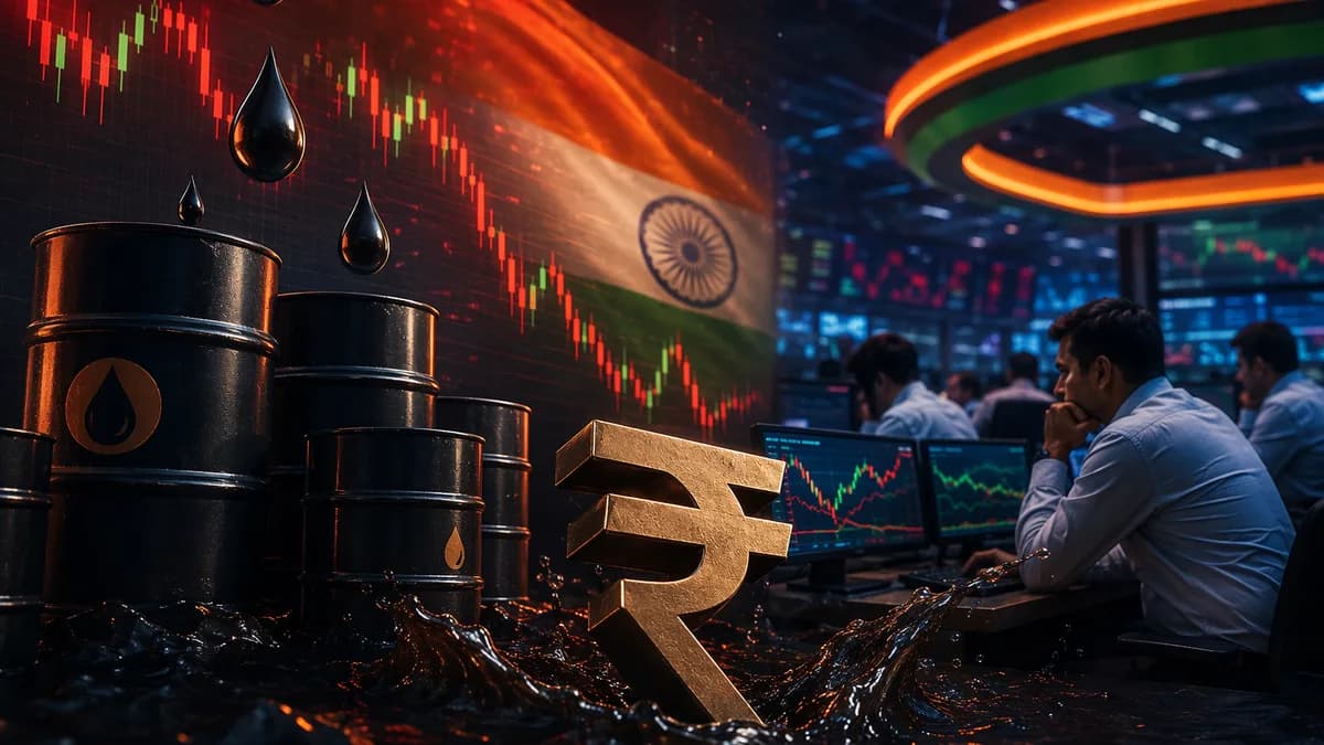 Oil rebound pressures Indian currency in a modern trading floor with market charts