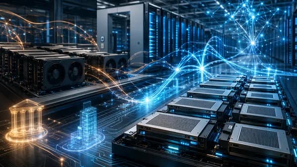AI finance shifts toward inference chips in a futuristic data center with neural network visuals.
