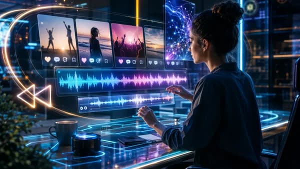 Creator editing an old social post with glowing music waveform in a futuristic tech workspace.