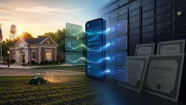 Rural bank deposits flowing into digital loan portfolios, symbolizing disciplined fintech performance.