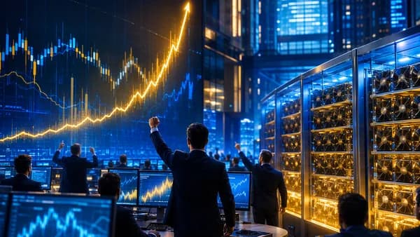 Crypto mining stock debut surges on trading floor with abstract market charts and server racks