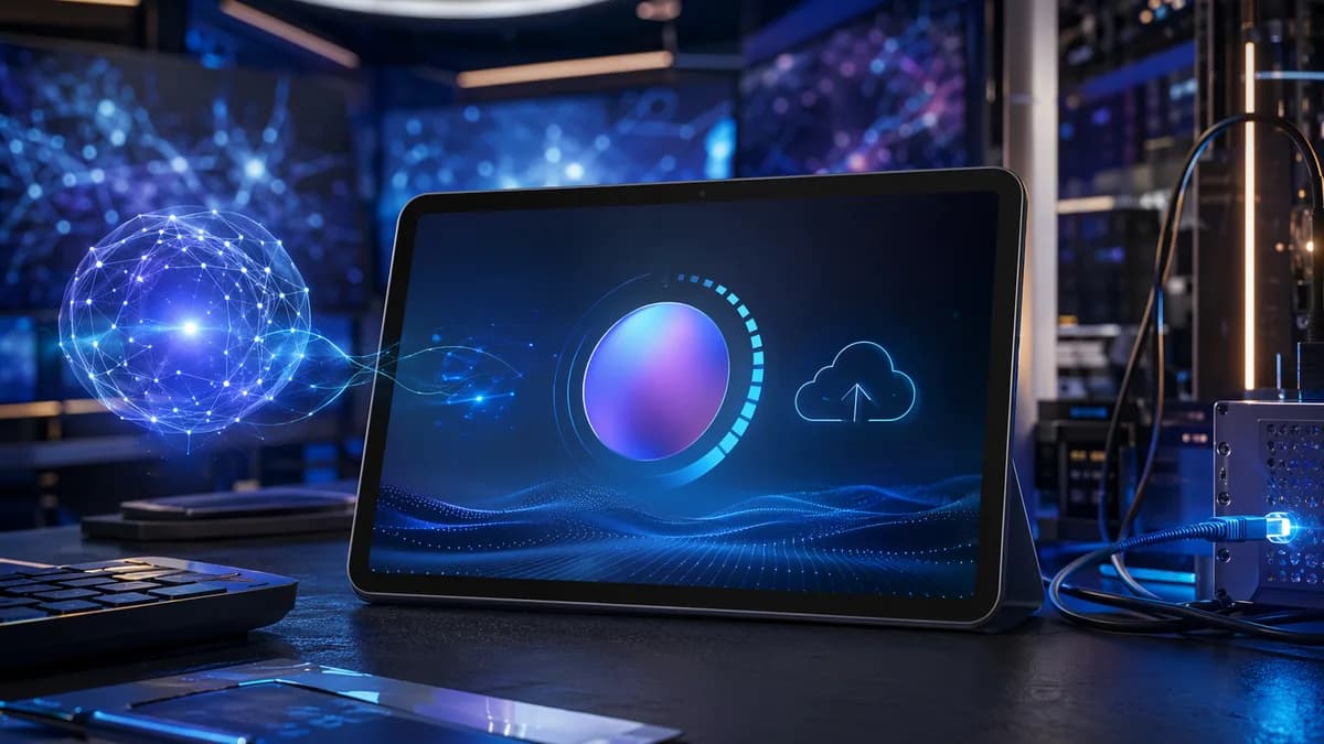 Unbranded tablet in futuristic workspace showing abstract update and AI backup visuals.