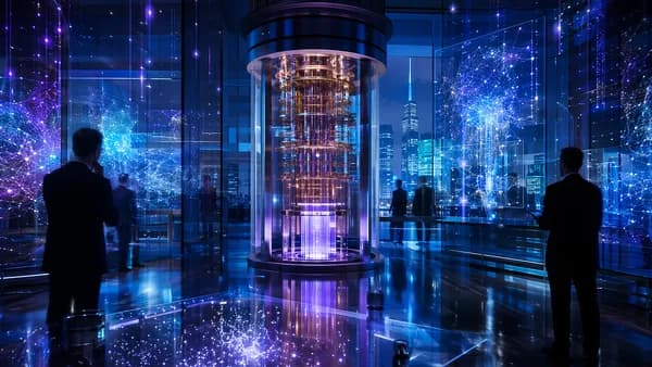 Quantum computer in a sleek tech hub with analysts observing uncertain glowing data visuals