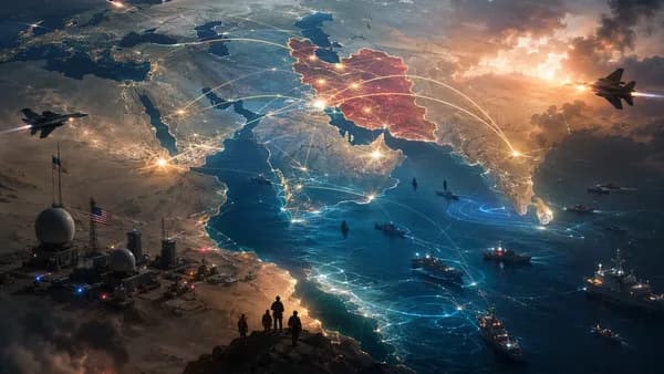 Geopolitical map of Middle East tensions around the Strait of Hormuz with glowing conflict connections.