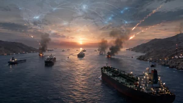 Oil tankers in the Strait of Hormuz under missile threat with global trade routes visualized.