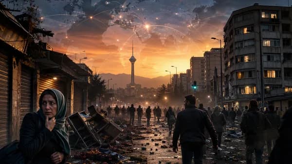 Tense Tehran street scene with civilians beneath a glowing world map and global connection lines.