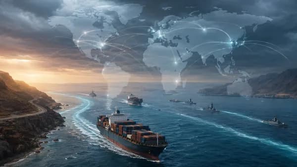 Cargo ships in the Red Sea under geopolitical tension with global trade routes and map connections.