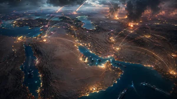 Cinematic Middle East map with missile trails, Gulf bases, and global connection lines amid regional tension.