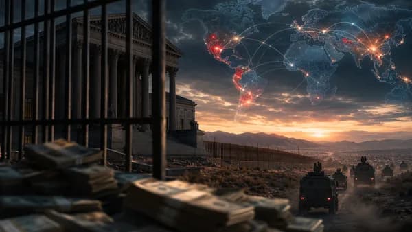 Symbolic courthouse, prison bars, cash, and world map depicting cartel sentencing and global crime networks.