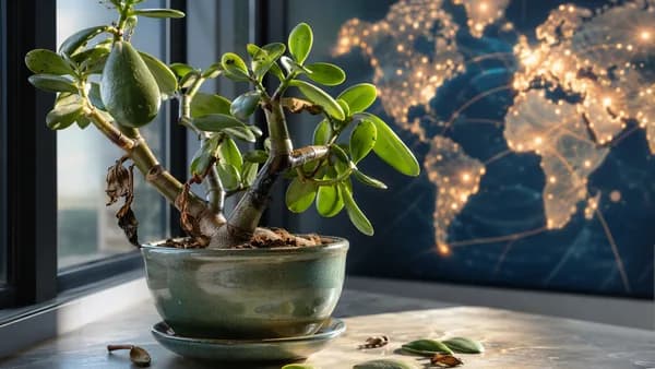 Jade plant on a windowsill with fallen leaves and subtle stress clues against a global map backdrop