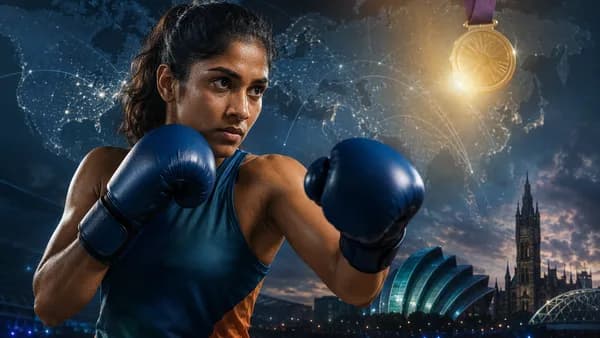 Indian woman boxer in arena with gold glow, global map connections and Glasgow-inspired skyline