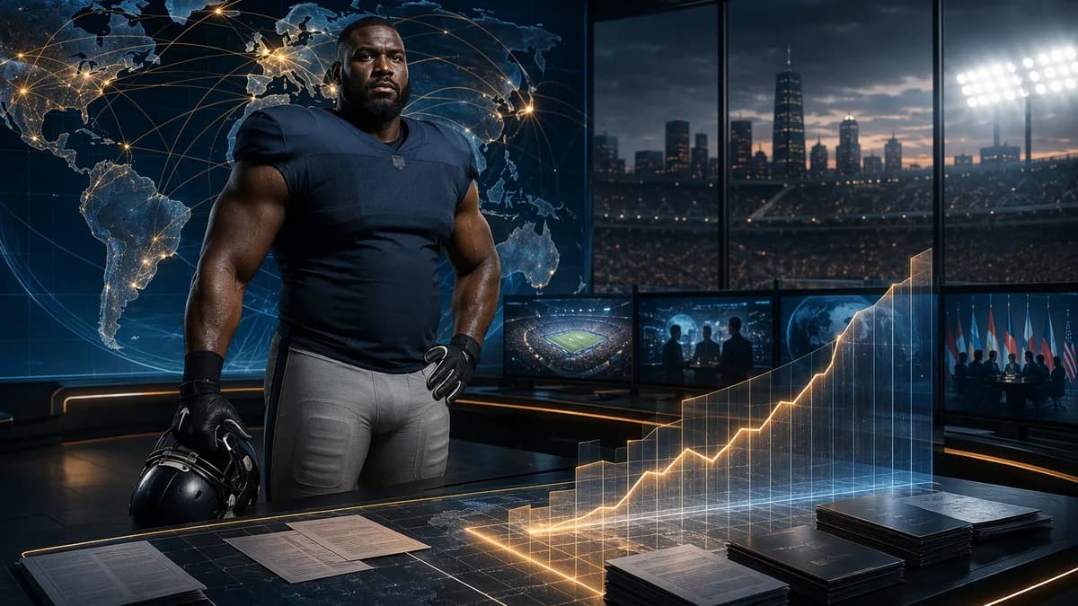 Generic football lineman amid global market visuals, symbolizing record defensive tackle pay.