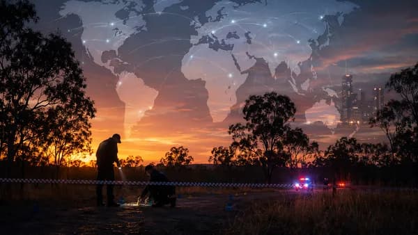 Somber Queensland police scene with world map overlay and global connection lines at dusk
