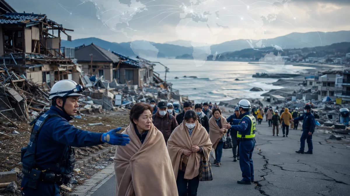 Japan earthquake aftermath with responders, sheltering residents, cracked roads, coastline, and global map overlay.