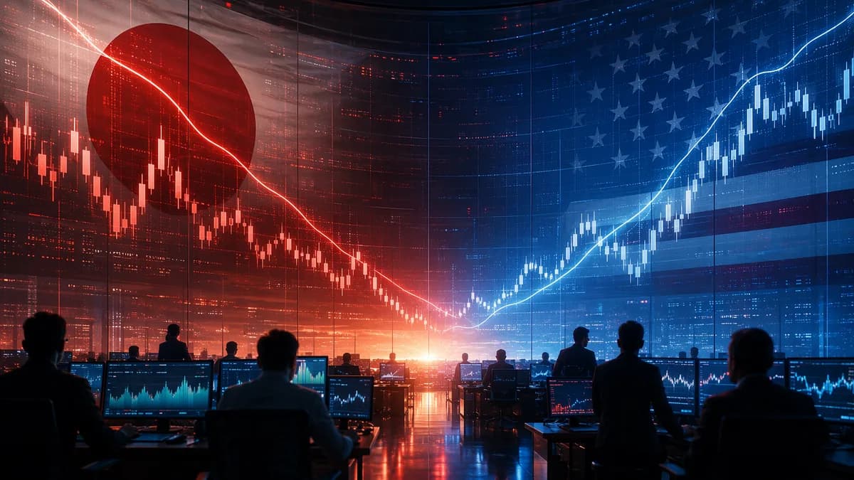 FX trading desk with Japan and US market cues, glowing charts, and yen volatility theme