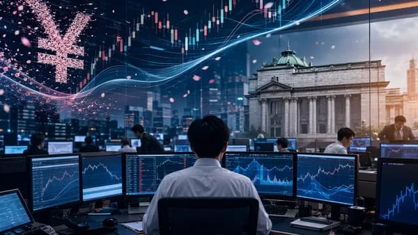 Tokyo trading desk with yen market charts and rate hike signals in a cinematic editorial style
