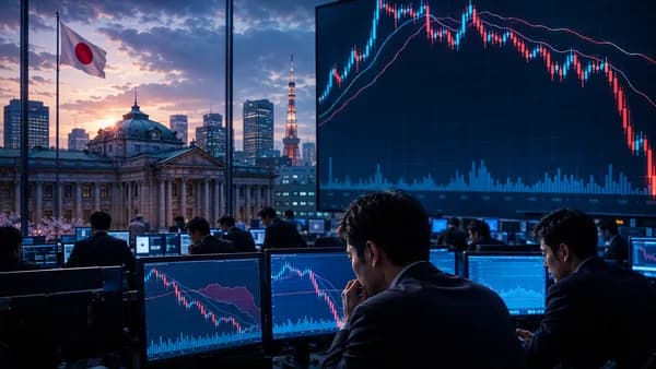 Tokyo trading floor with abstract market charts signaling yen intervention risk and hawkish central bank pressure