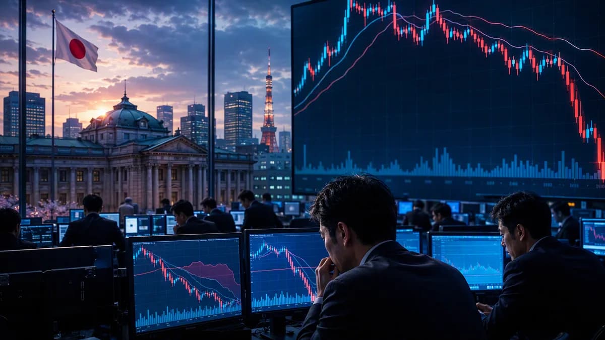 Tokyo trading floor with abstract market charts signaling yen intervention risk and hawkish central bank pressure