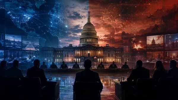 U.S. Capitol and intelligence room over a glowing world map, suggesting tense DNI confirmation politics.