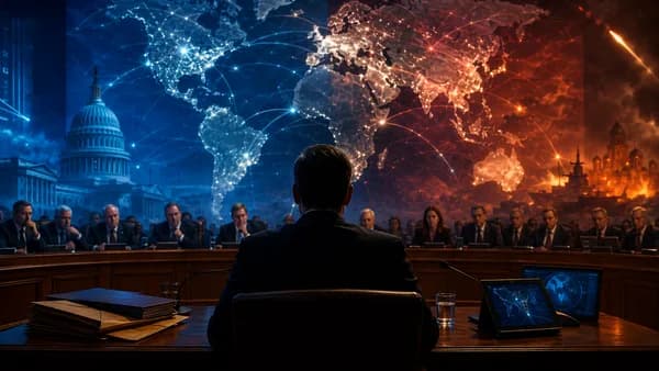 Tense Senate hearing scene with nominee silhouette, intelligence files, and glowing global network map.