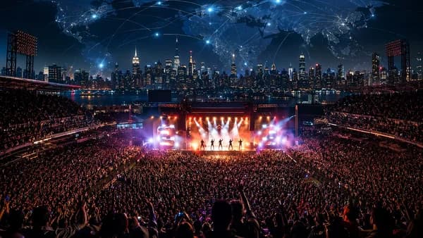 Night stadium concert in New York with crowd, skyline, and glowing global network map overhead.