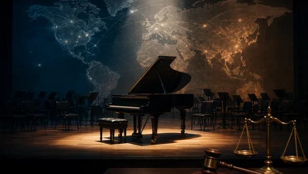 Grand piano on a concert hall stage with legal scales and a global map backdrop, suggesting arts and law.